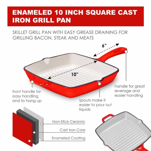 Bruntmor Red 10 Cast Iron Grill Skillet - Easy Draining for Grilling Bacon, Steak & Meats Perspective: back