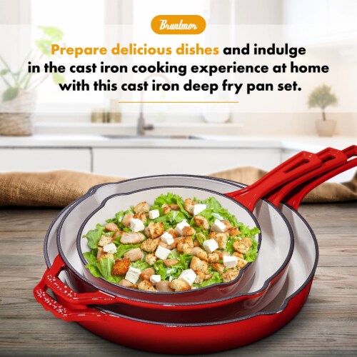 Bruntmor Red 8”, 10”, 12” Cast Iron Frying Pan Set w/ Tempered Glass Lid,  8‚Äù + 10‚Äù + 12‚Äù - Food 4 Less