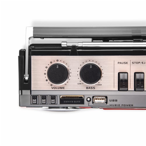 Riptunes Cassette Bluetooth Boombox, AM/FM/ SW-1-SW2, USB, SD, and AUX-in- Red Perspective: back