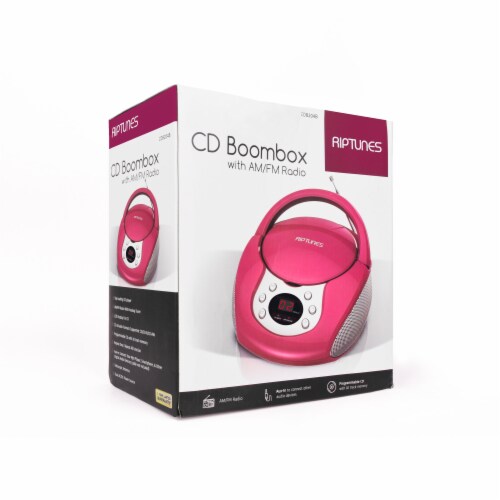 Riptunes CD player Boombox- Portable Black Aux-In CD Boombox, AM/FM Radio- Pink Perspective: back