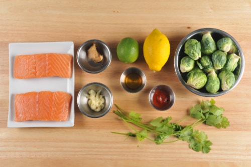 Home Chef Meal Kit Citrus-Miso Salmon With Bang Bang-Roasted Brussels Sprouts Perspective: back