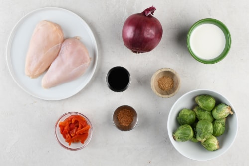 Home Chef Meal Kit Roasted Red Pepper Chicken With Onion Jam Brussels Sprouts Perspective: back