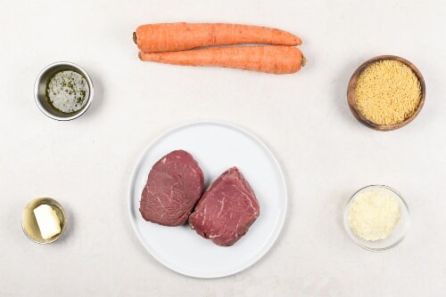 Home Chef Meal Kit Sirloin Steak With Pesto Butter With Cacio E Pepe Orzo Perspective: back