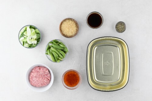 Home Chef Oven-Ready Sweet Chili Pork Meatballs with Teriyaki Rice and Snap Peas Perspective: back