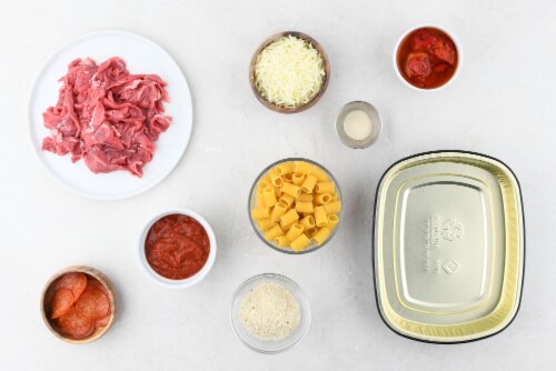 Home Chef Oven-Ready Cheesy Steak Pizza Baked Rigatoni Perspective: back