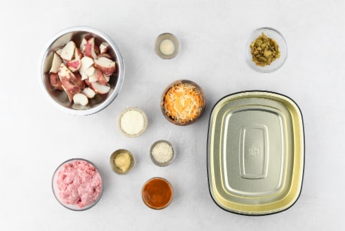 Home Chef Oven Kit Golden BBQ Pork Meatballs with Cheddar Potatoes Perspective: back