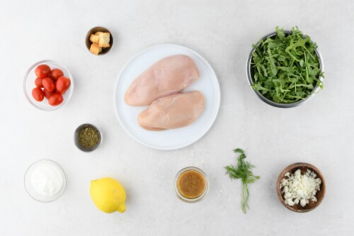 Home Chef Meal Kit Souvlaki Chicken Breast With Lemon Dill Crema and Arugula Feta Salad Perspective: back
