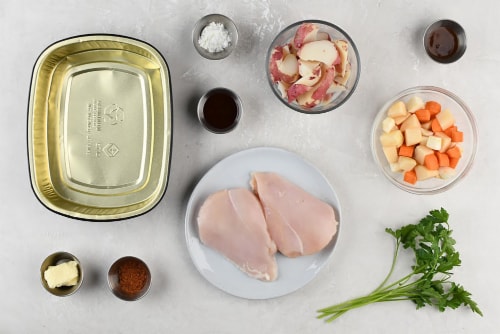 Home Chef Oven Kit Chicken Pot Roast With Roasted Root Vegetables and Potatoes Perspective: back
