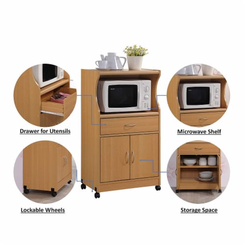 Hodedah Wheeled Microwave Island Cart with Drawer and Cabinet Storage, Beech Perspective: back