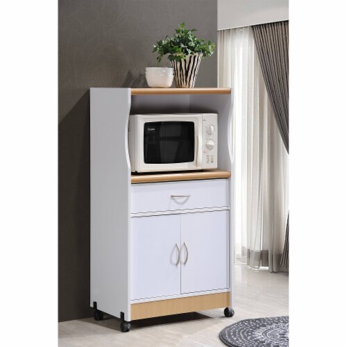 Hodedah Wheeled Microwave Island Cart with Drawer and Cabinet Storage, White Perspective: back