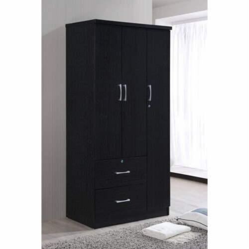 Hodedah Import 3 Door Armoire with Clothing Rod, Shelves, and 2 Drawers