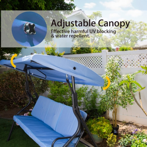 Outdoor 3-Person Patio Porch Swing Chair with Adjustable Canopy, Blue Perspective: back