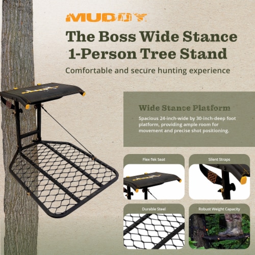 Muddy The Boss Wide Stance Hang On 1 Person Deer Hunting Tree Stand Platform Perspective: back