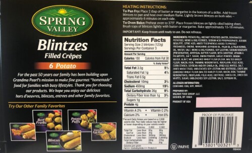 Spring Valley Potato Blintzes Filled Crepes Perspective: back