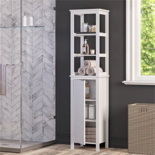 RiverRidge Madison Transitional Wood Linen Tower with Open Shelves in White Perspective: back