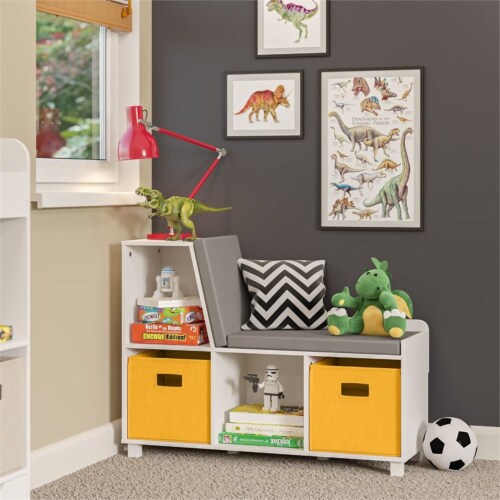 RiverRidge Book Nook Wood Kids Storage Bench with Cubbies in White/Yellow Perspective: back