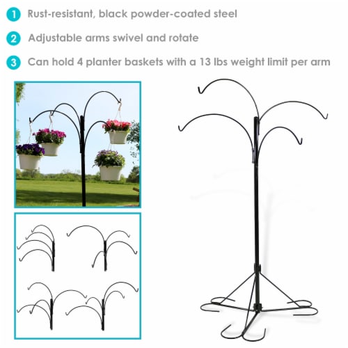 Sunnydaze Black Steel Hanging Basket Stand with 4 Adjustable