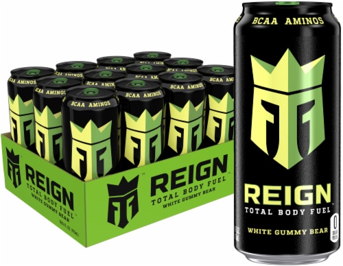 Reign® White Gummy Bear Energy Drink Can Perspective: back
