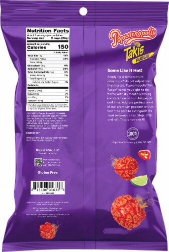 Popcornopolis® Fuego® Takis® Hot Chili Pepper & Lime Flavored Extreme Savory Popcorn Perspective: back