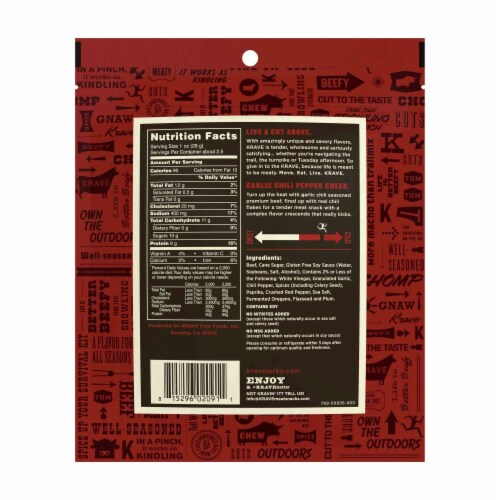 Krave Gourmet Beef Cuts Garlic Chili Pepper Jerky Perspective: back