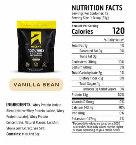 Ascent® Native Fuel® Vanilla Bean Whey Protein Powder Perspective: back