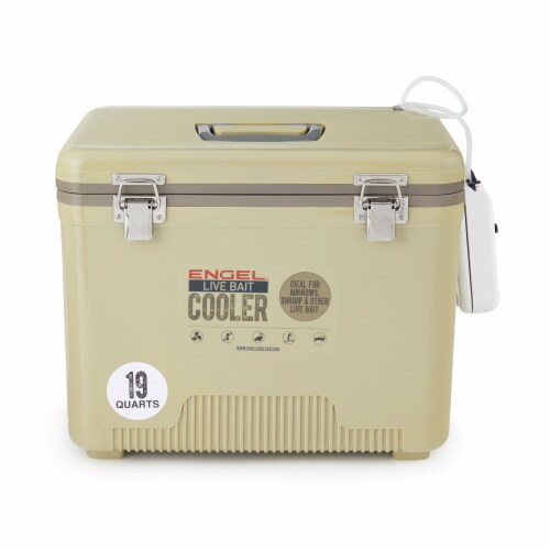 ENGEL 19 Quart Insulated Fishing Live Bait Dry Box Cooler with Water Pump, Tan Perspective: back