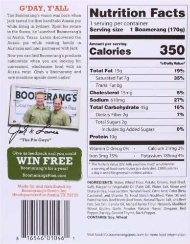 Boomerang's Steak & Potato Pot Pie Frozen Meal Perspective: back