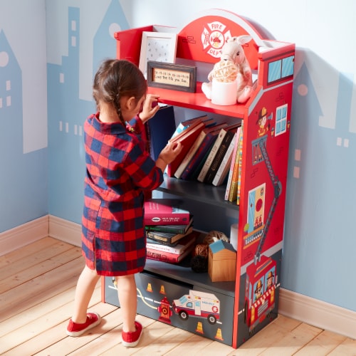 Fantasy Fields Little Fire Fighters Kids Wooden Bookshelf with Storage Drawer, Multicolor Perspective: back