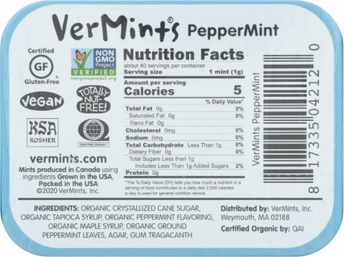 Vermints Organic Breath Mints Peppermint Perspective: back