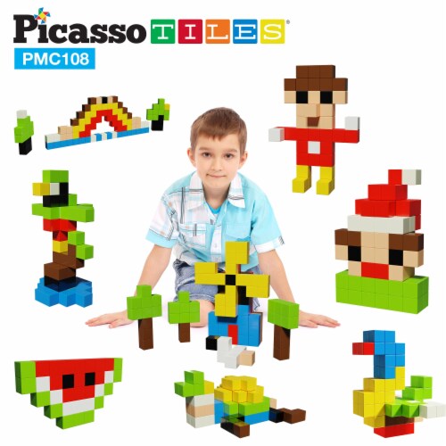 PicassoTiles Magnetic Puzzle Cubes 108 Pieces PMC108 with FREE Ideabook Perspective: back