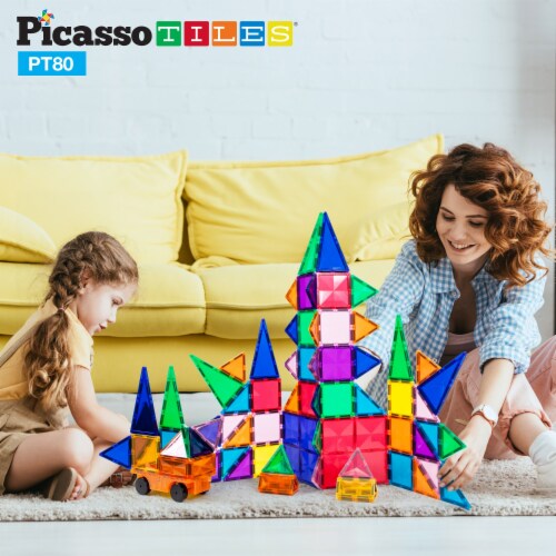 PicassoTiles 80 Piece Magnetic Building Block Set w Car Perspective: back