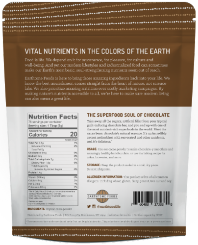 Earthtone Foods Organic Chocolate Cacao Powder Perspective: back