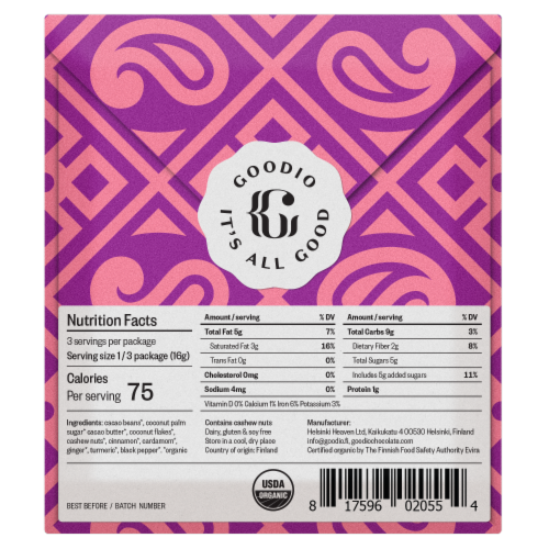 Goodio Chai Chocolate 50% Cacao Candy Bar Perspective: back
