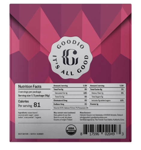 Goodio Organic Raspberry 49% Chocolate Valentine Candy Perspective: back