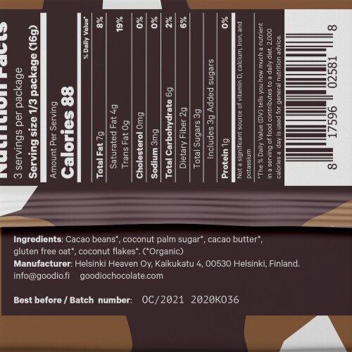 Goodio Handmade Oat Chocolate & Coconut Bar Perspective: back