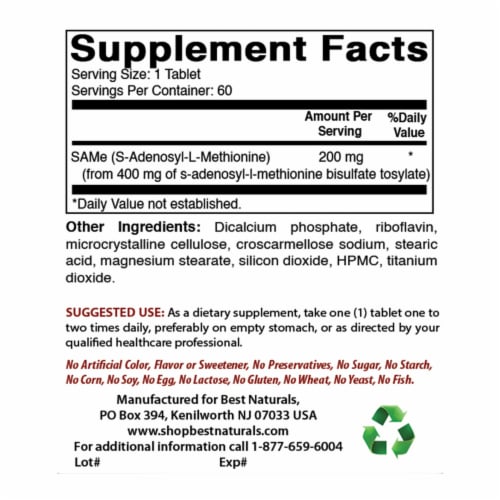 Best Naturals SAM-e 200 mg 60 Enteric Coated Tablets Perspective: back