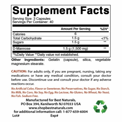 Best Naturals D-Mannose Capsules - Urinary Tract Cleanse Supplement 1500mg/Serving - 120 Coun Perspective: back