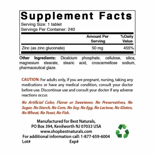 Best Naturals Zinc Supplement as Zinc Gluconate 50mg 240 Tablets