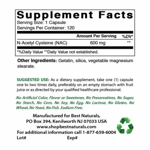 Best Naturals NAC - N Acetyl Cysteine 600 mg 120 Capsules - n Acetyl cysteine - Powerful anti Perspective: back