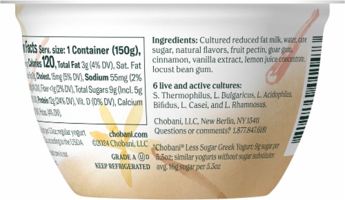 Chobani® Madagascar Vanilla Cinnamon Less Sugar Low Fat Greek Yogurt Cup Perspective: back
