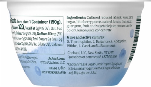 Chobani® Wild Blueberry Less Sugar Low Fat Greek Yogurt Cup Perspective: back