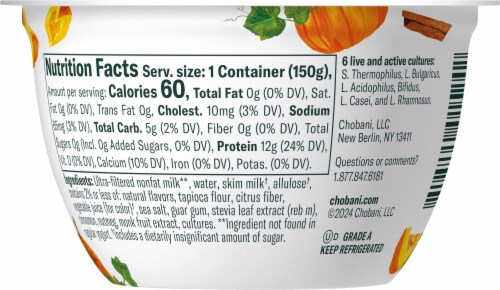 Chobani® Limited Batch Pumpkin Spice Zero Sugar Nonfat Greek Yogurt Cup Perspective: back