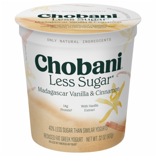 Chobani® Madagascar Vanilla & Cinnamon Less Sugar Low Fat Greek Yogurt Tub Perspective: back