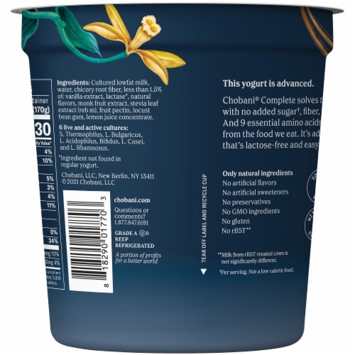Chobani® Complete Vanilla Advanced Nutrition Yogurt Tub Perspective: back