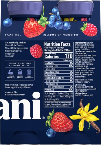Chobani® 20g Protein Lowfat Greek Yogurt Drink Mixed Berry Vanilla 10 fl oz 4PK Perspective: back