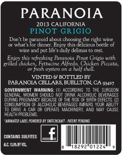 Paranoia Pinot Grigio Perspective: back