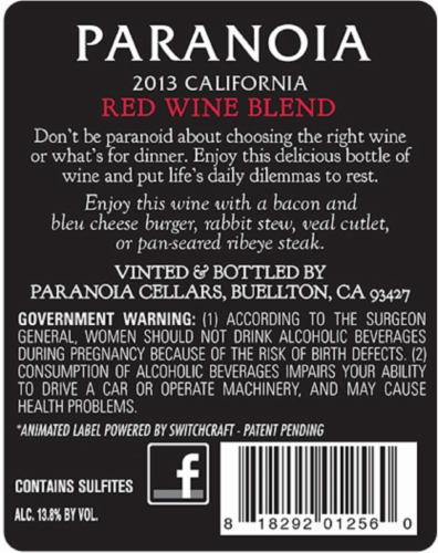 Paranoia California Red Blend Wine Perspective: back