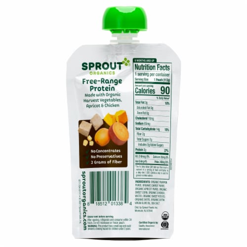 Sprout Organic Harvest Vegetables & Apricots with Chicken Stage 3 Baby Food Pouch Perspective: back