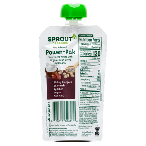 Sprout® Power Pak Organic Pear with Superblend Berry Banana Stage T Baby Food Perspective: back
