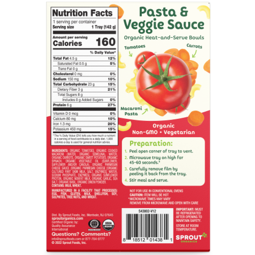 Sprout Organic Pasta & Veggie Sauce Baby Food Perspective: back